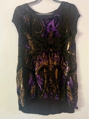 Whimsigothic Burnout Velvet Tunic Top Baroque Metallic Gold Purple Scoop Neck